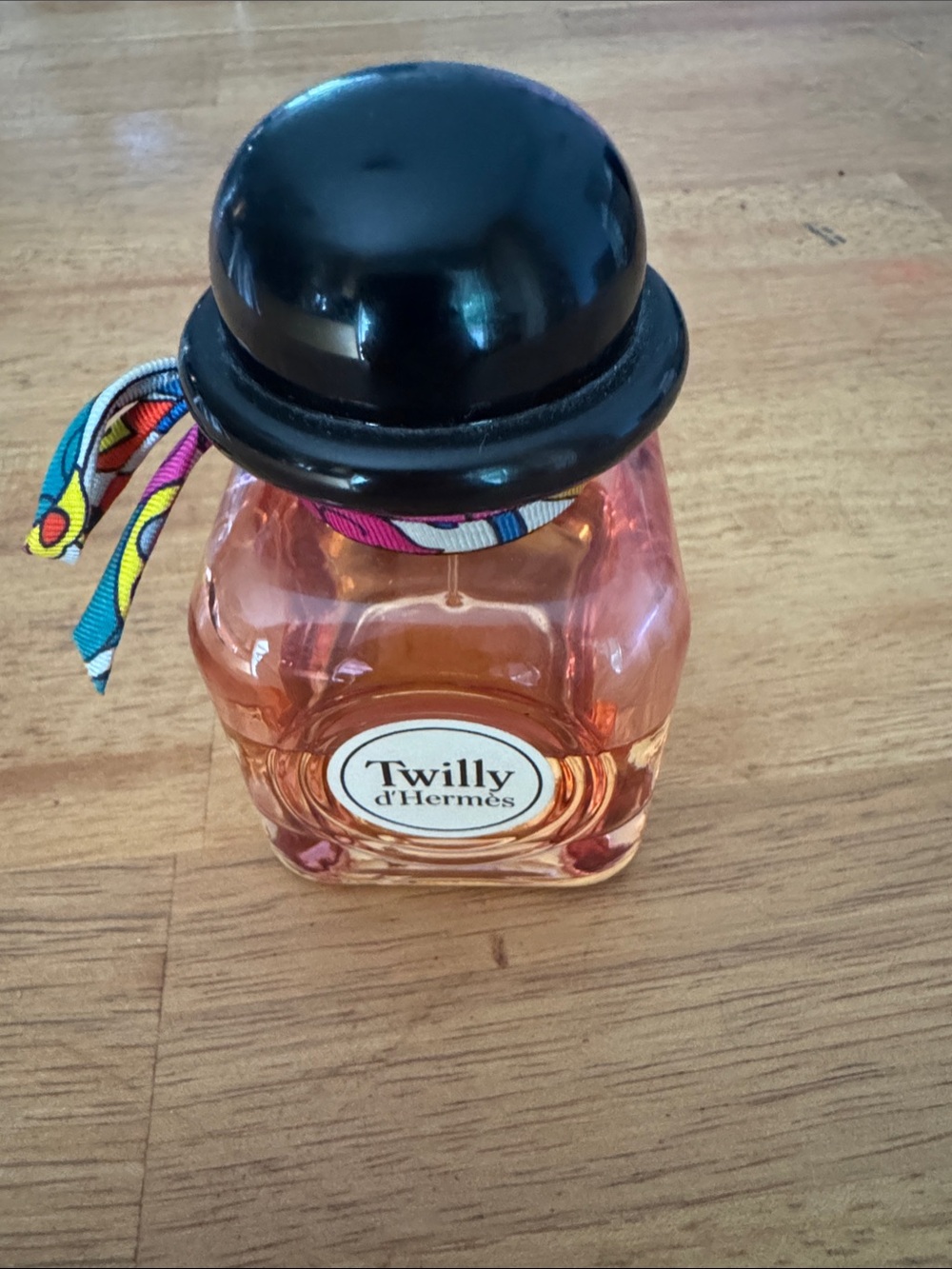 Hermes Twilly Pink Glass Perfume Bottle with Black Cap and Multicolor Ribbon